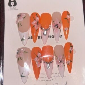 Orange Floral Stiletto Press-On Nail Set with Rhinestones